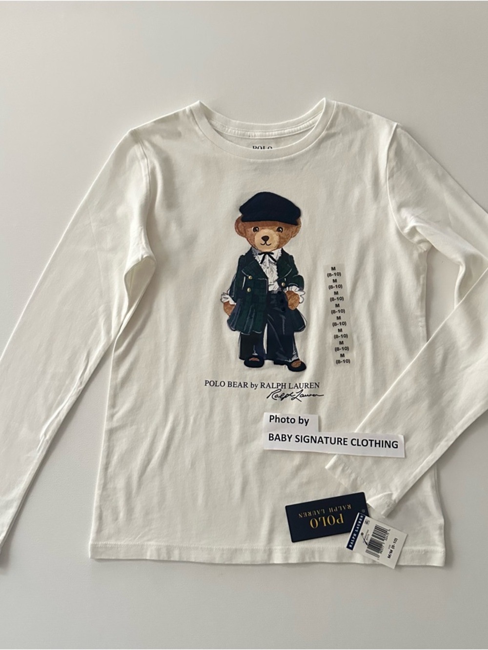 Polo Ralph Lauren Kids Girls 8-10 Bear Long Sleeve Tee Top White Cotton NWT